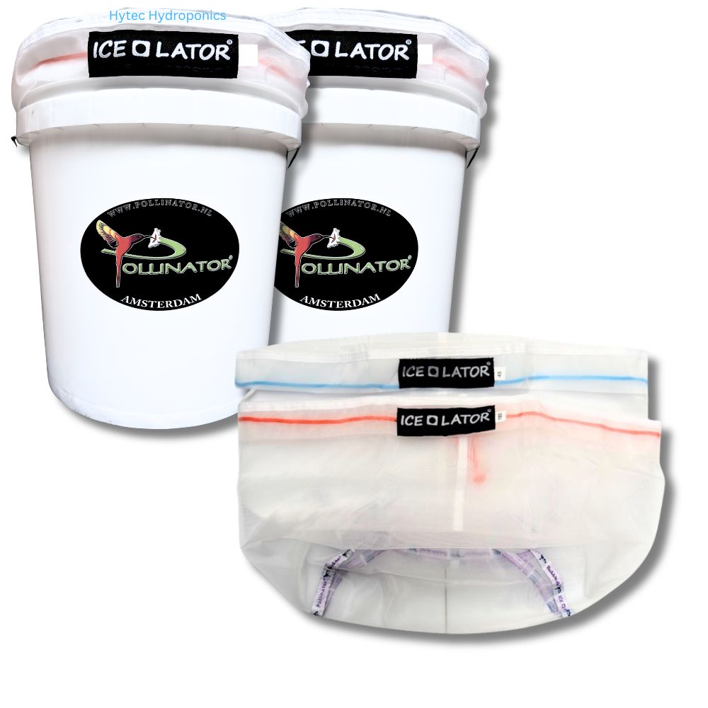 two white bucket with 'Ice-O-Lator' Pollinator Amsterdam branding with two Ice-O-Lator bags