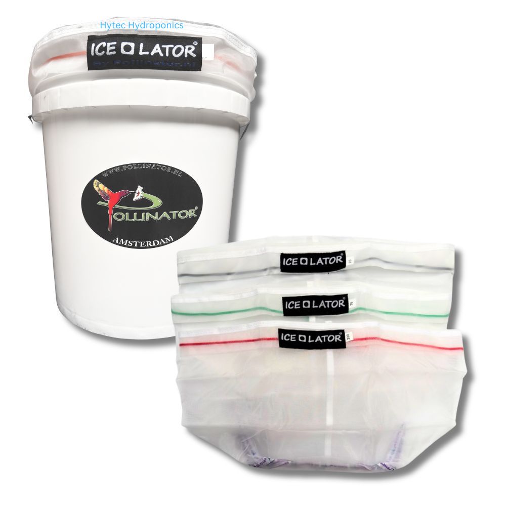 1 white bucket with 'Ice-O-Lator' Pollinator Amsterdam branding with 3 Ice-O-Lator bags