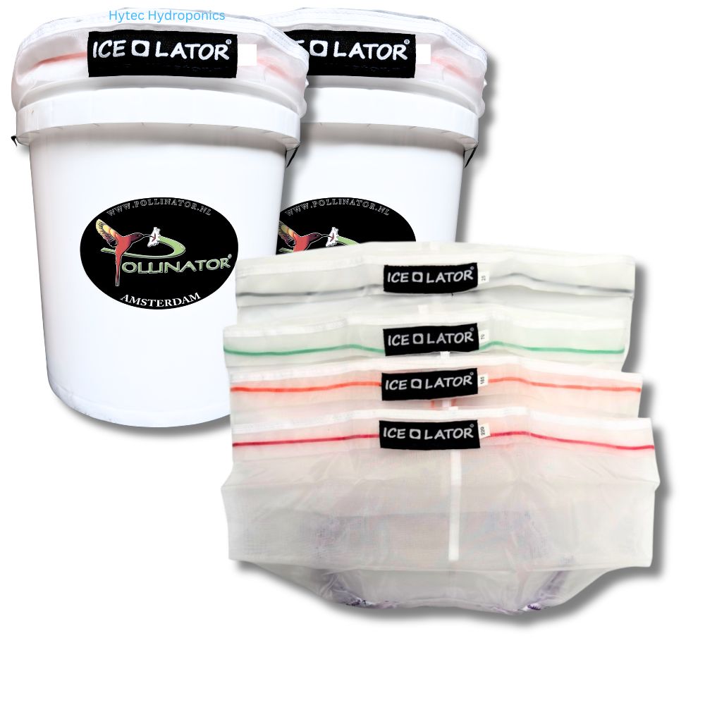 two white bucket with 'Ice-O-Lator' Pollinator Amsterdam branding with four Ice-O-Lator bags