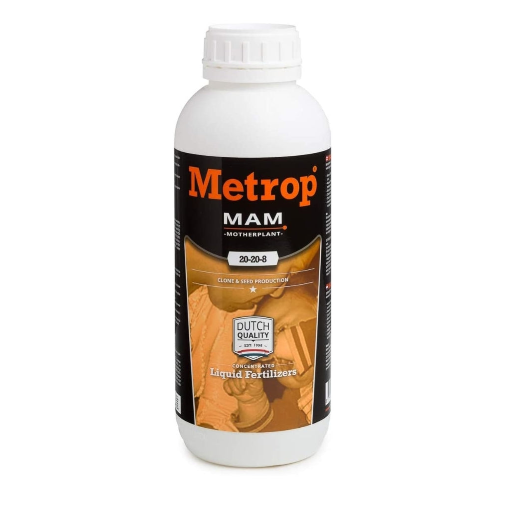 White bottle of Metrop MAM Motherplant liquid fertilizer on a white background
