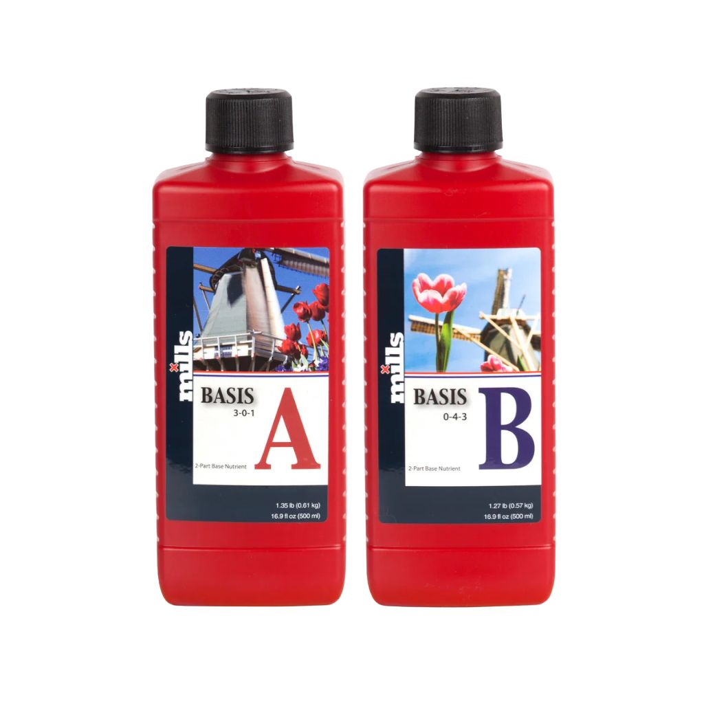 Two red Mills Basis bottles labeled 'A' and 'B' with tulip and windmill images on a white background