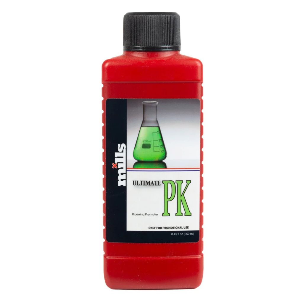 Red bottle of Mills Ultimate PK on a white background