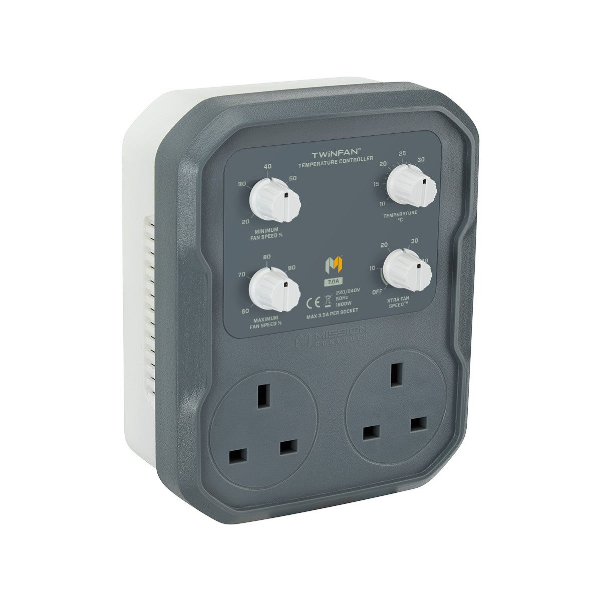 A Mission Controls TwinFan temperature controller power adapter with two UK three-pin wall outlets, four white rotary dials, and a dark gray front casing with a white side panel, shown on a plain white background.