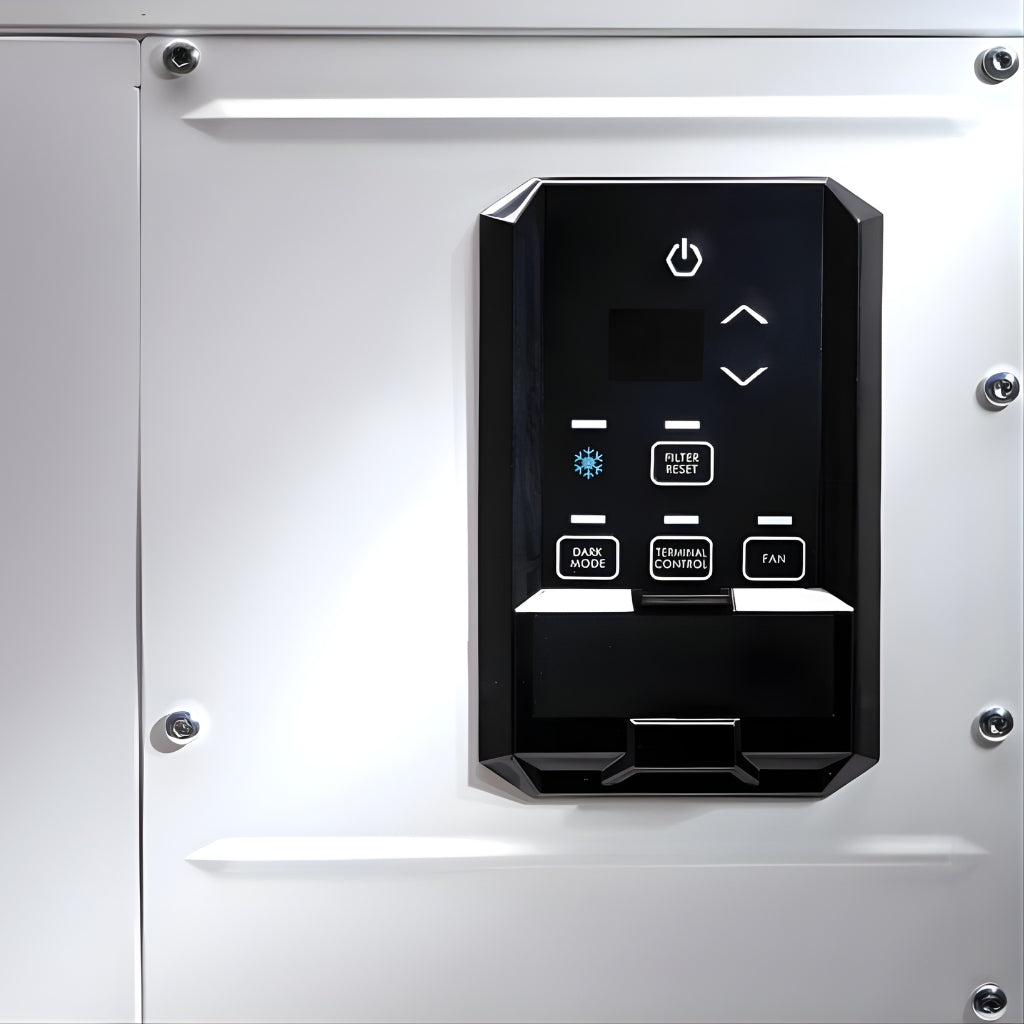 quest 100 compact commercial dehumidifier Control panel with buttons on a metallic surface
