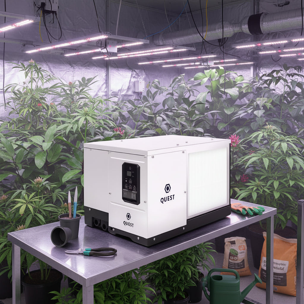 Quest 100 Compact Commercial Dehumidifier for high-efficiency moisture control in grow rooms and indoor farms.