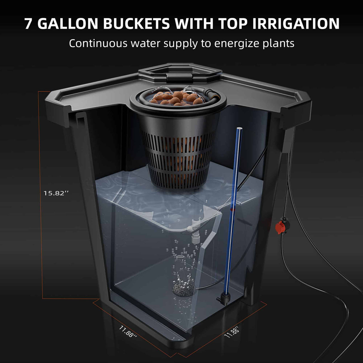 7-gallon buckets with top irrigation system on a dark background