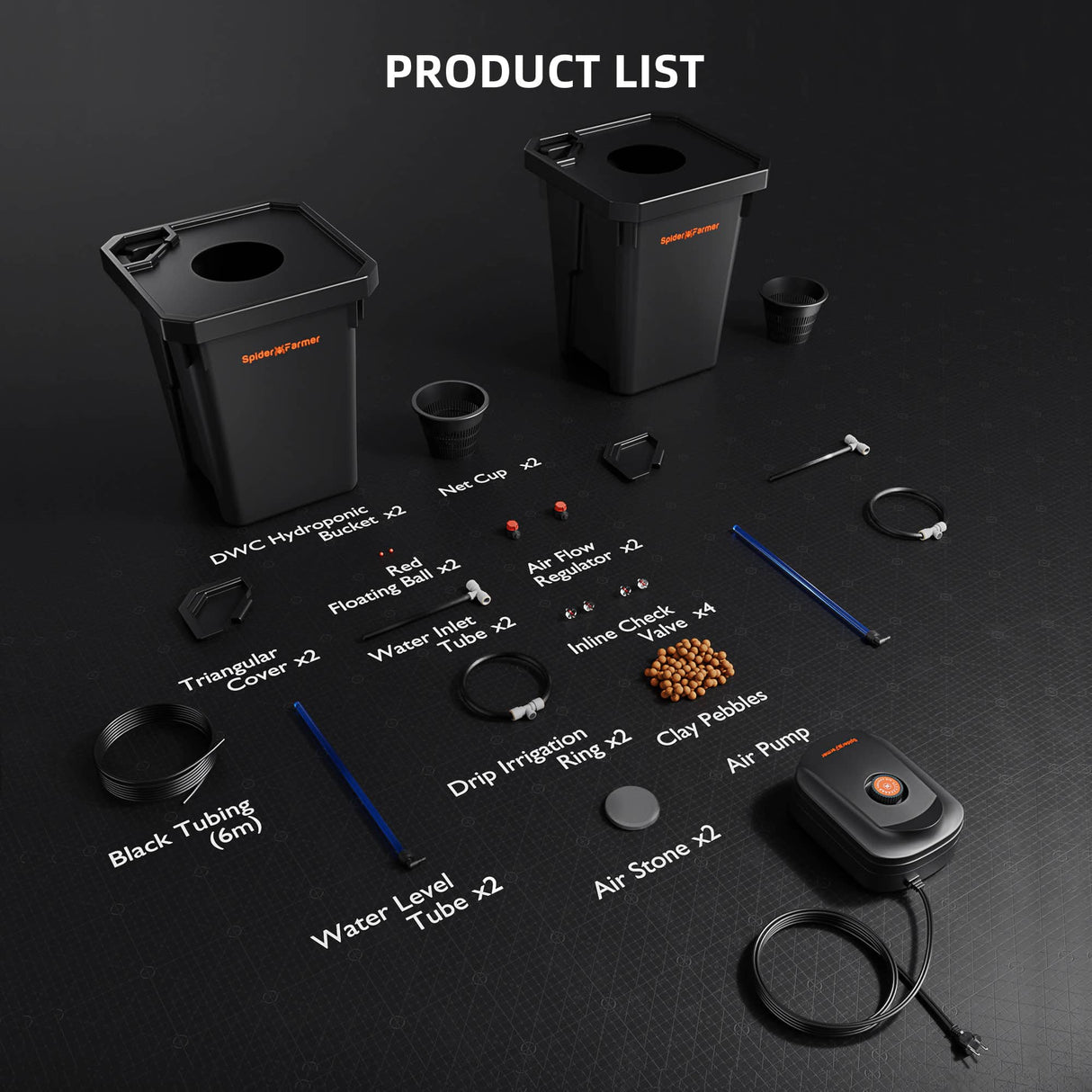 Product list of spider farmer DWC equipment on a dark background