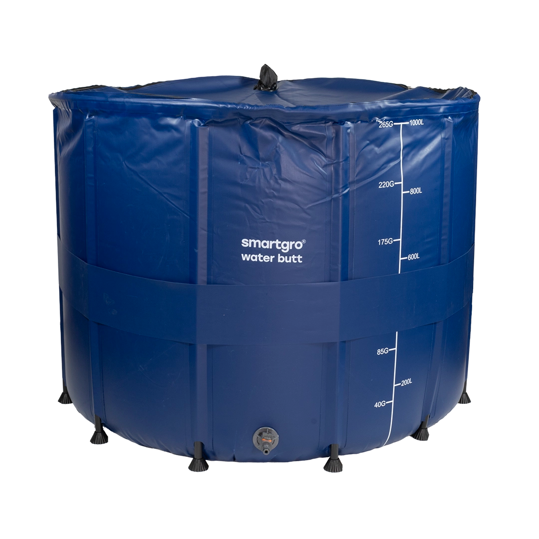 A blue collapsible smartgro water butt with white printed volume markings and a black top handle, shown on a plain white background.