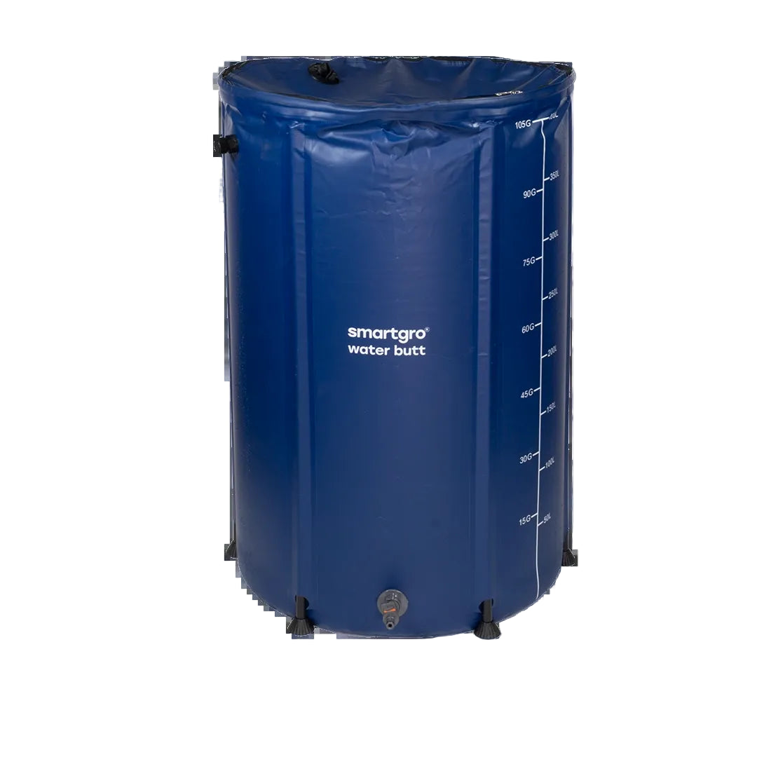 A blue Smartgro collapsible water butt with white printed measurement markings and the brand name 'smartgro water butt' on the front, shown on a plain white background.