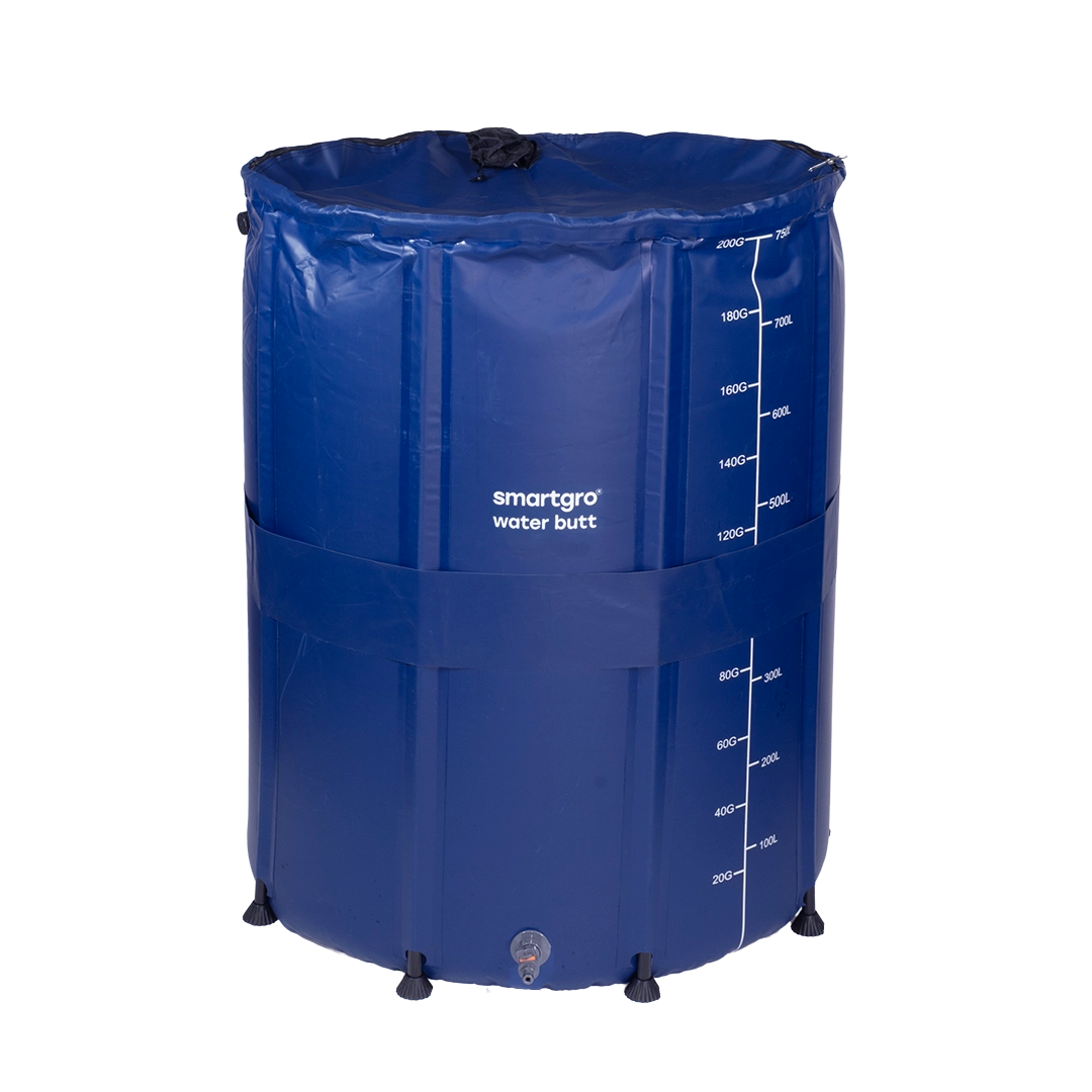 A blue Smartgro collapsible water butt with white printed measurement markings and the brand name 'smartgro water butt' on the front, shown on a plain white background.