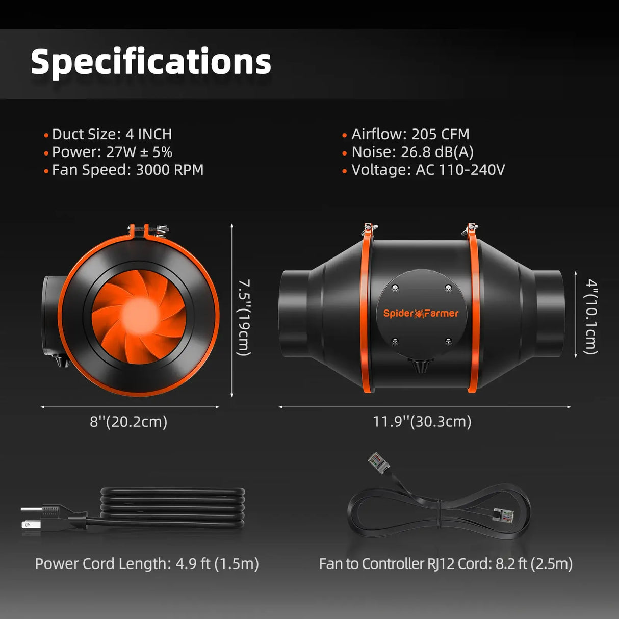 Spider Farmer fan specifications and features on a black background