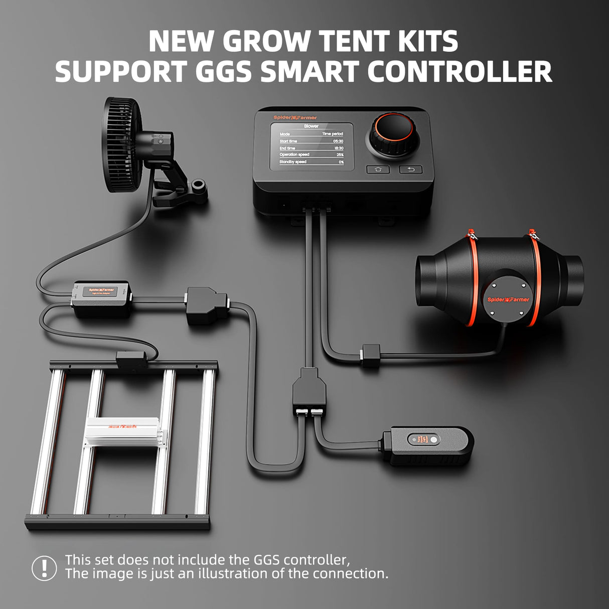 New grow tent kit components with GGS smart controller illustration on a dark background