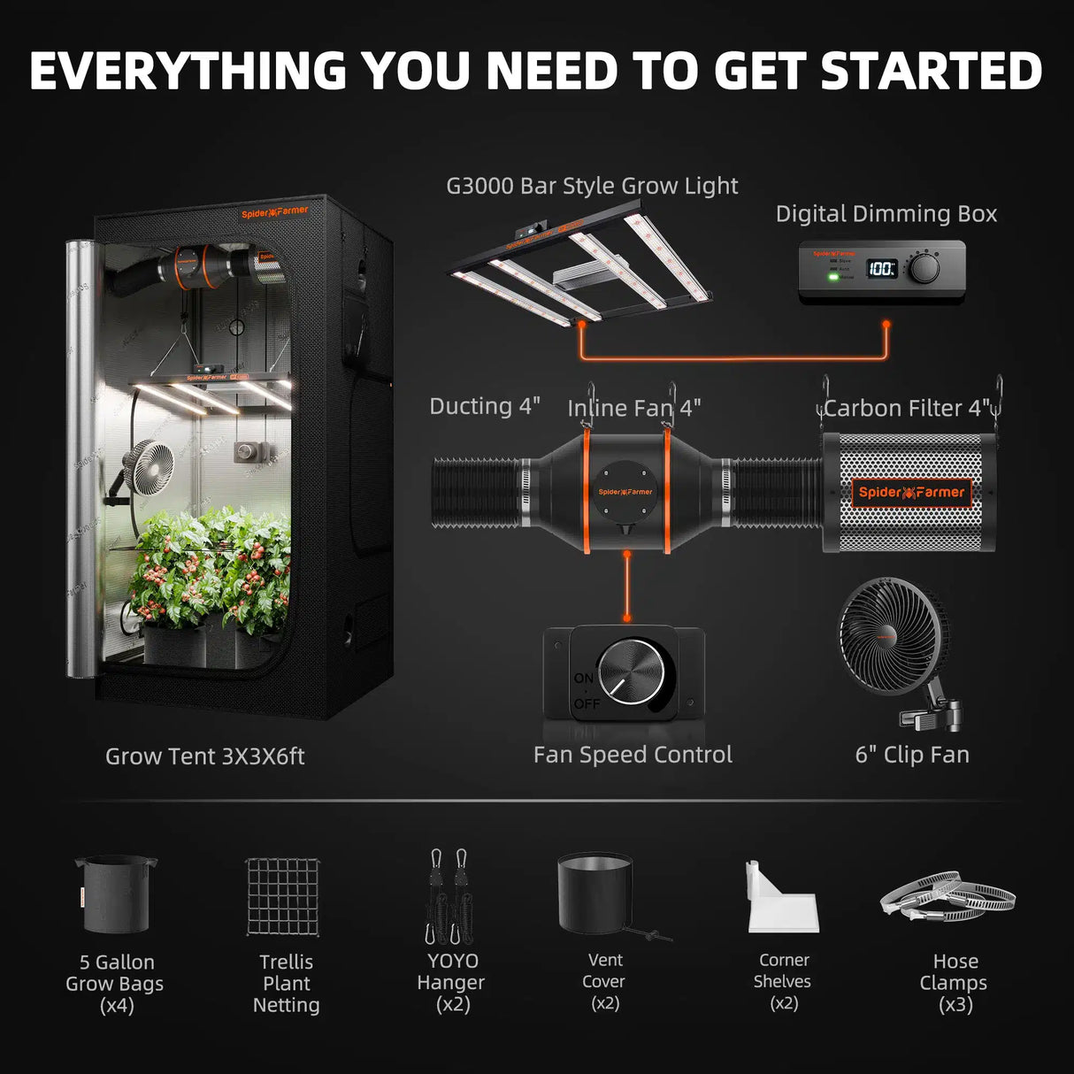Complete indoor gardening setup with grow tent, lights, and accessories on a black background.
