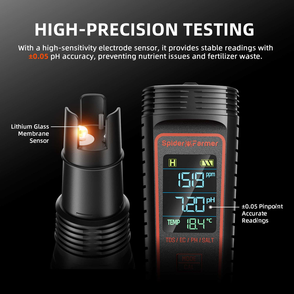 Spider Farmer digital pH meter with sensor component on a black background, highlighting high-precision testing capabilities.