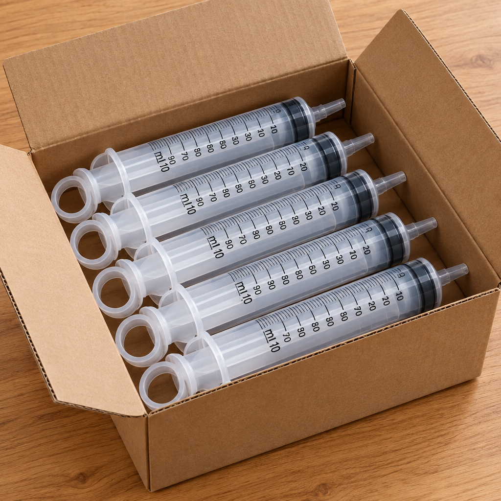Five clear plastic syringes arranged inside an open brown cardboard box on a wooden surface.
