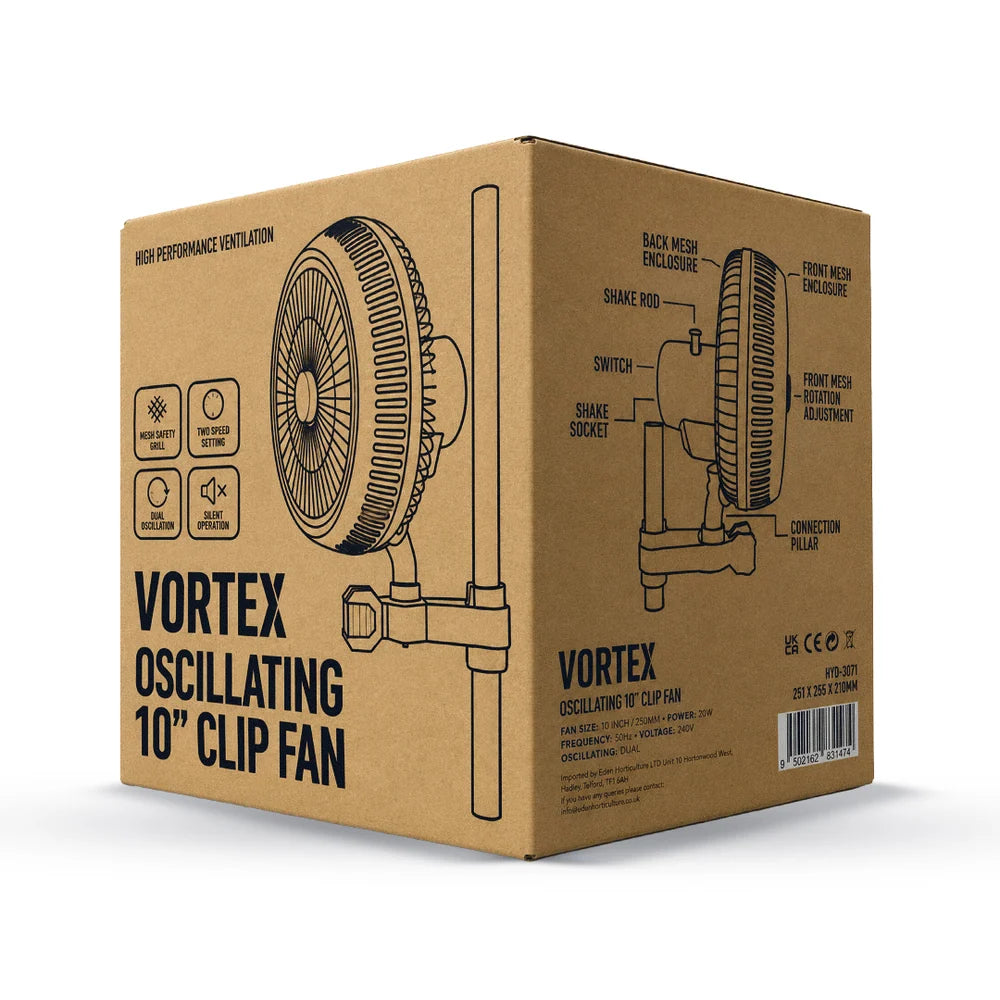 A brown cardboard product box for a Vortex Oscillating 10-inch clip fan, featuring line drawings of the fan and mounting hardware with printed labels and specifications.