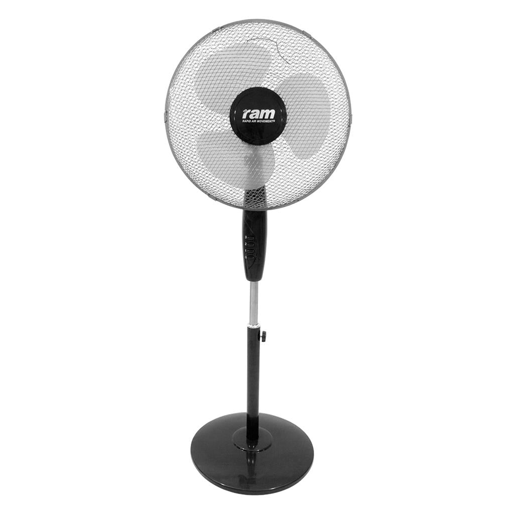 A black Ram pedestal fan with a circular wire mesh guard and three blades, shown against a plain white background.