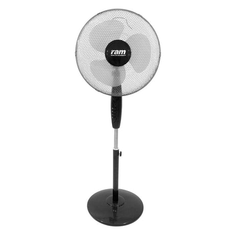 A black Ram pedestal fan with a circular wire mesh guard and three blades, shown against a plain white background.