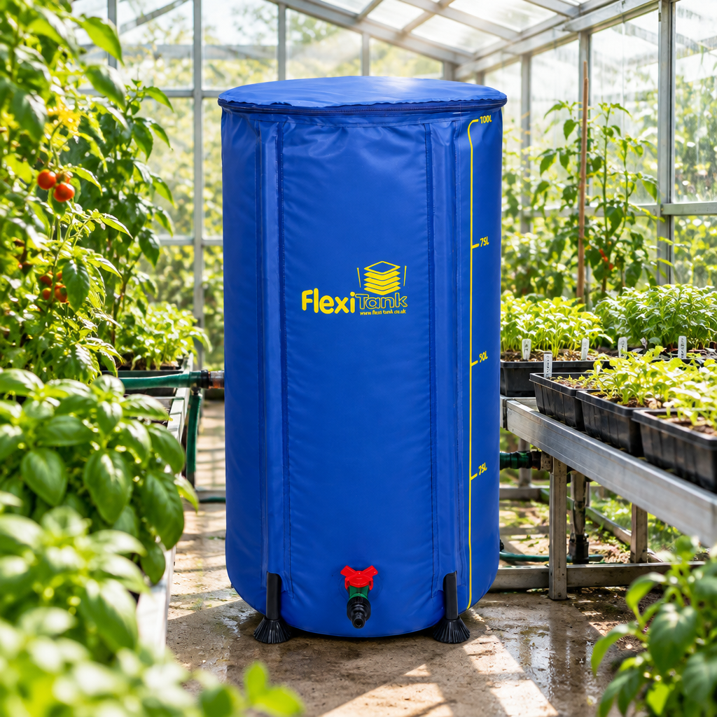 A blue Flexi Tank water storage tank with yellow measurement markings and the Flexi Tank logo