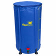 A blue collapsible fabric water tank with a yellow Flexi Tanks logo, yellow measurement markings, a red and green valve, and black feet, shown on a white background.