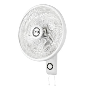 White wall-mounted fan with 'ora' branding on a white background
