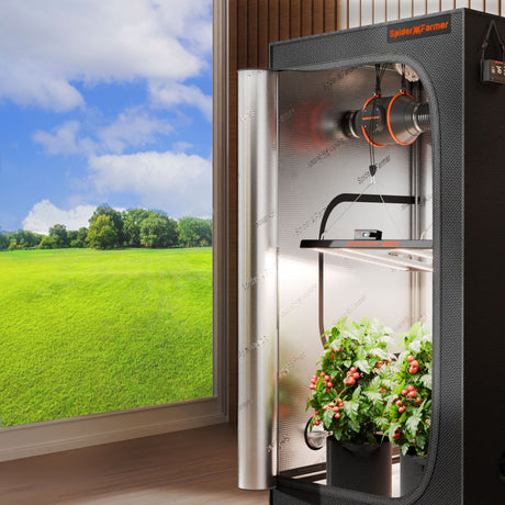 Spidefarmer G3000 LED grow light with plants near a window showing a green field and blue sky.