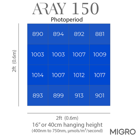 Chart showing photoperiod measurements for 'ARAY 150' with MIGRO branding.