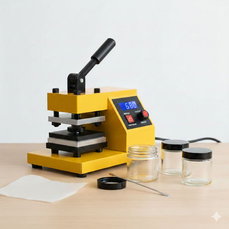 Yellow heat press machine on a table with jars and a digital display.