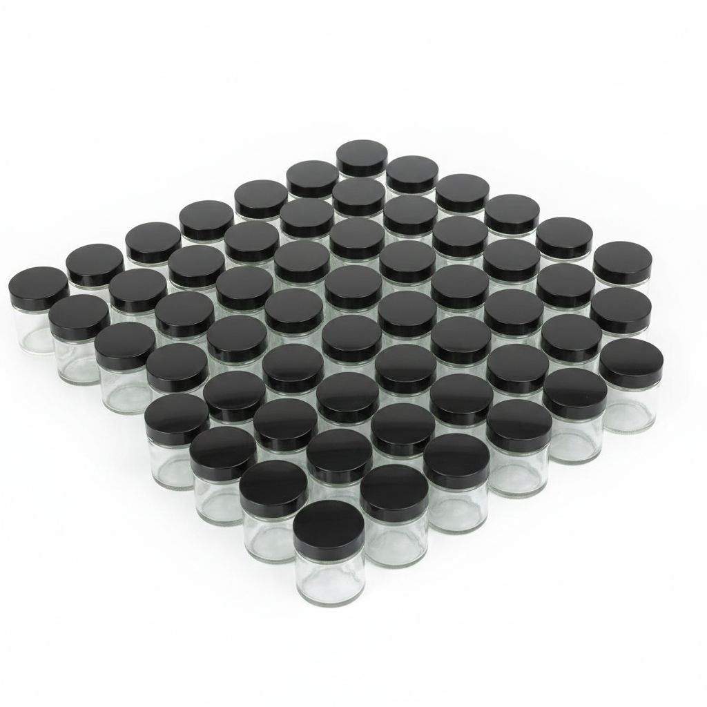 Clear glass jars with black lids arranged in a pattern on a white background