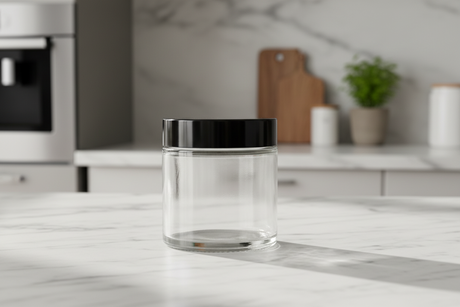 6ml clear glass jar with black lid on table