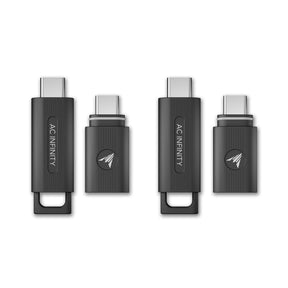 Four black USB-C adapters with AC Infinity branding on a white background