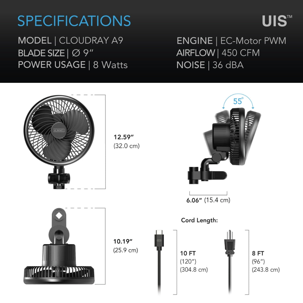 AC Infinity Cloudray A9 Clip On Fan 9"