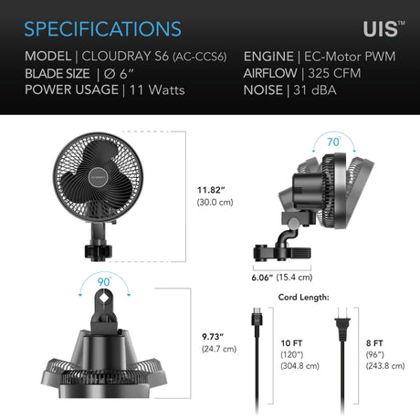 AC Infinity Cloudray S6 Clip On Fan 6"