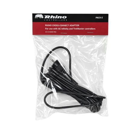 A packaged black Rhino Controllers cross-connect adapter cable in a clear plastic bag with a black and red header card.