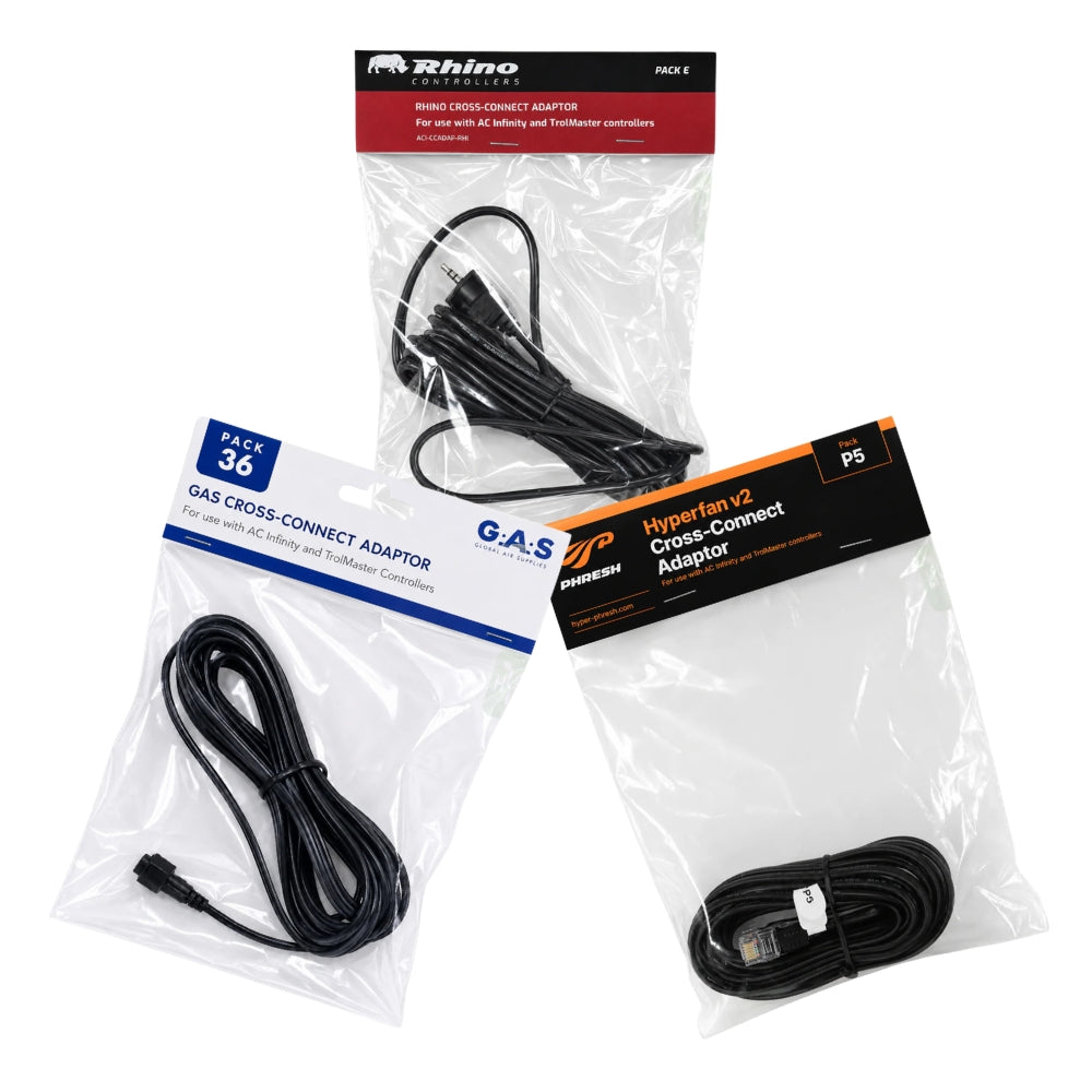 Three packaged black cross-connect cables on a white background: a Rhino Products cross-connect adapter, a Pack 36 gas cross-connect adapter, and a HyperFan v2 gas cross-connect adapter.