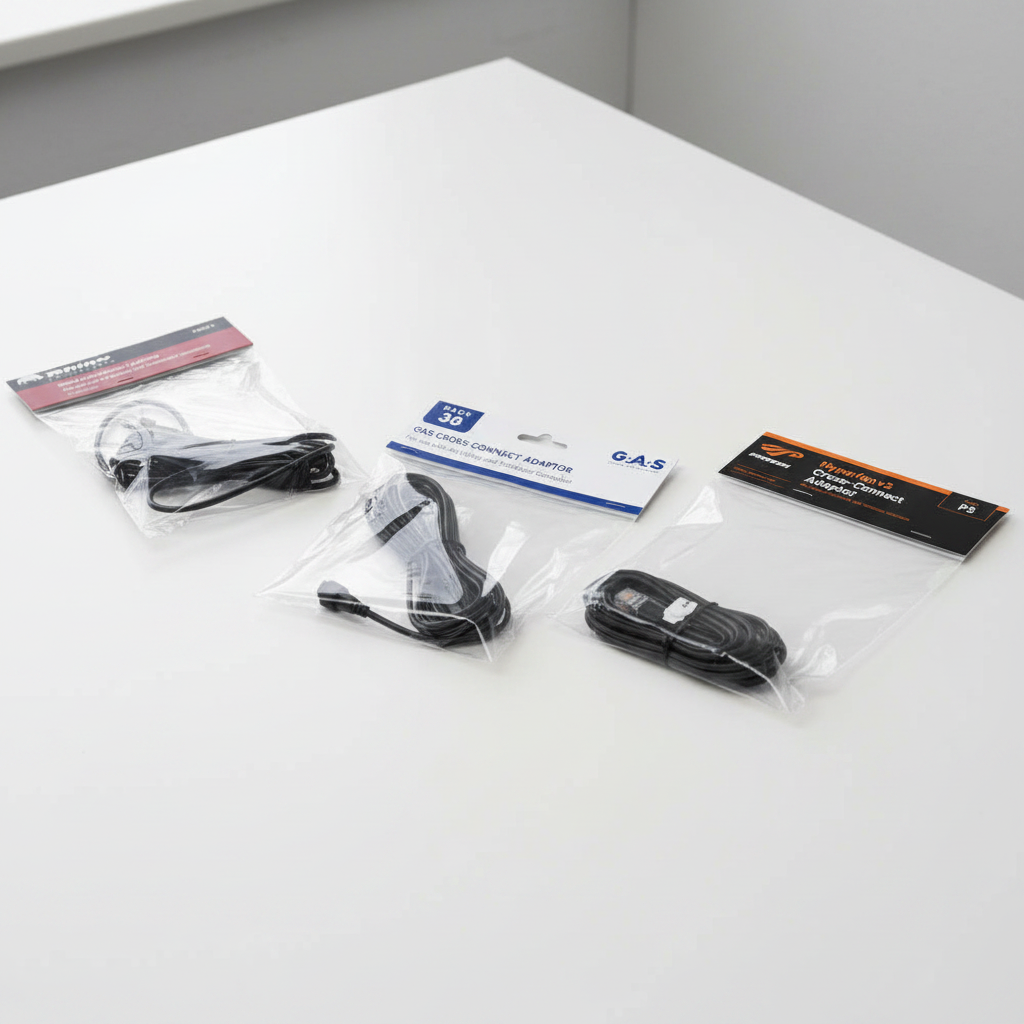 Three packaged black cross-connect cables on a white background: a Rhino Products cross-connect adapter, a Pack 36 gas cross-connect adapter, and a HyperFan v2 gas cross-connect adapter.