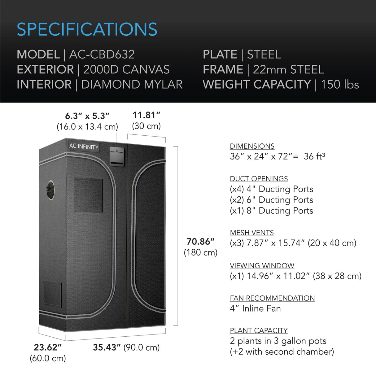 AC Infinity Cloudlab 632D 2 In 1 Grow Tent 3x2 90cm x 60cm 
