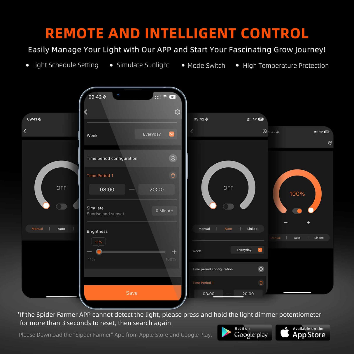 spider farmer Smartphone app interface for remote light control with app icons and text on a dark background