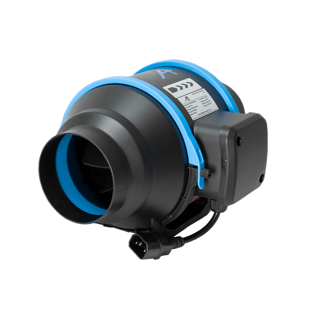 A black and blue electric duct fan with a power connector, shown on a solid white background.