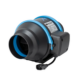 A black and blue electric duct fan with a power cord, shown on a solid white background.