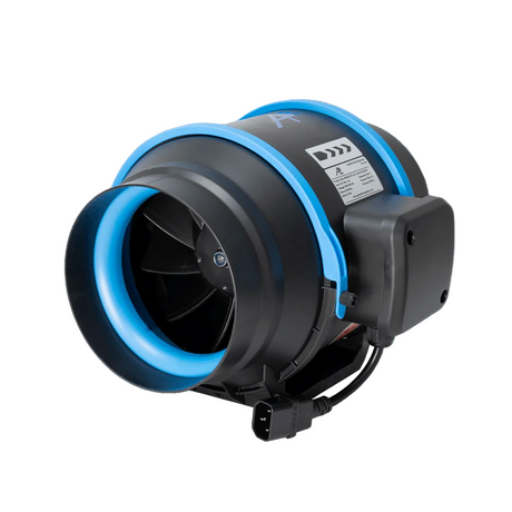 A black and blue industrial inline fan, visible fan blades inside, a side motor housing, and an attached power connector cable, shown on a plain white background.