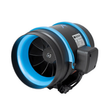 A black and blue industrial inline fan with a visible fan blade inside, shown on a plain white background.