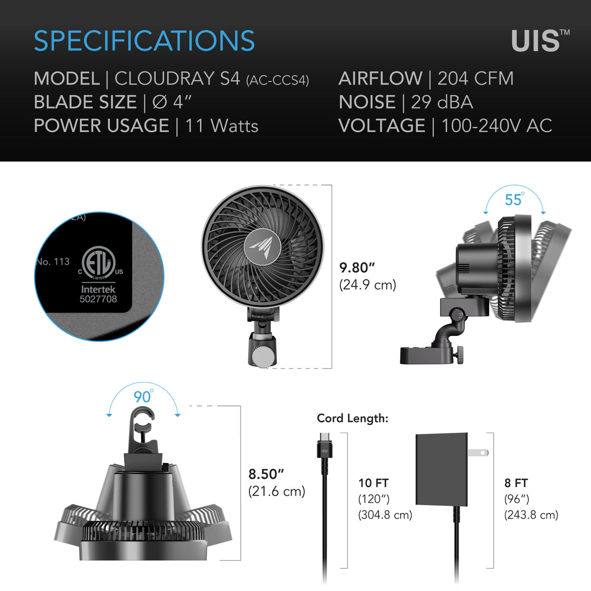 AC Infinity Cloudray S4 Clip On Fan 4"