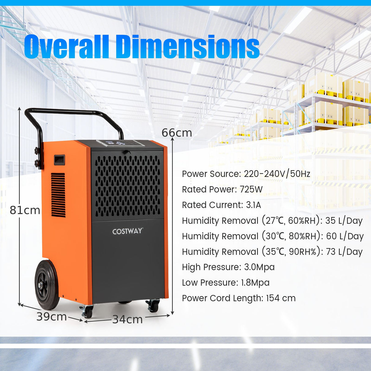 73 L/Day Industrial Dehumidifier with Drain Hose and Timer