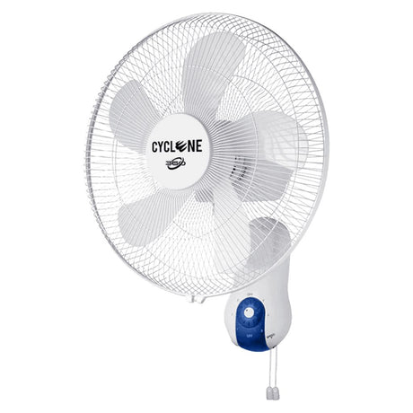 A white wall-mounted Cyclone wall fan with a blue control button on the wall mount, shown against a plain white background.