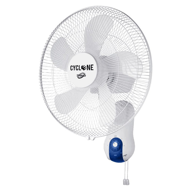 A white wall-mounted Cyclone wall fan with a blue control button on the wall mount, shown against a plain white background.