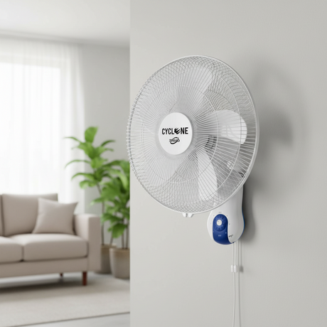 cyclone wall fan connected to a wall in a living room setting