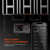 Spider Farmer Control panel and smartphone app for multi-light daisy chain dimming system on a black background.
