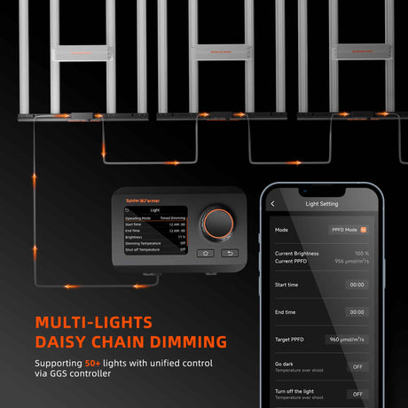 Spider Farmer Control panel and smartphone app for multi-light daisy chain dimming system on a black background.