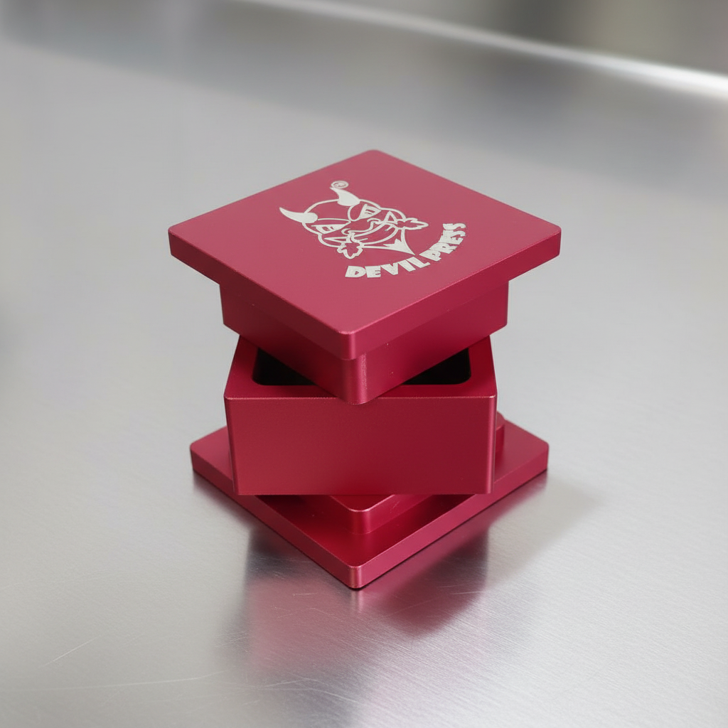 Front-facing view of the Devil Press aluminum pre-press mould for compacting material before rosin extraction.